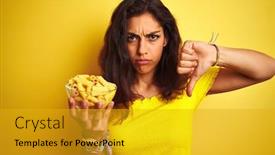 Presentation with macaroni - Amazing slides having young beautiful woman holding bowl with dry macaroni pasta over isolated yellow background with angry face negative sign showing dislike with thumbs down rejection concept backdrop and a gold colored foreground