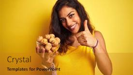  Presentation with bowl - Beautiful PPT theme featuring young beautiful woman holding bowl with walnuts standing over isolated yellow background happy with big smile doing ok sign thumb up with fingers excellent sign backdrop and a gold colored foreground