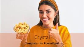  Presentation with macaroni - Colorful presentation design enhanced with young beautiful woman holding bowl with macaroni pasta over isolated white background happy with big smile doing ok sign thumb up with fingers excellent sign backdrop and a gold colored foreground