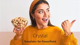  Presentation with bowl - Slide set featuring young beautiful woman holding bowl with peanuts standing over isolated white background pointing and showing with thumb up to the side with happy face smiling background and a gold colored foreground
