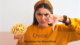  Presentation with macaroni - Colorful presentation design enhanced with young beautiful woman holding bowl with macaroni pasta over isolated white background with angry face negative sign showing dislike with thumbs down rejection concept backdrop and a gold colored foreground