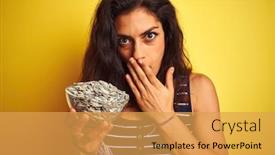  Presentation with sunflowers - Audience pleasing presentation theme consisting of young beautiful woman holding bowl with sunflowers seeds over isolated yellow background cover mouth with hand shocked with shame for mistake expression of fear scared in silence secret concept backdrop and a yellow colored foreground