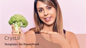  Presentation with finger - Slide set enhanced with young-beautiful-woman-holding-broccoli background and a coral colored foreground