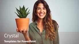  Presentation with cactus - Slide set consisting of young beautiful woman holding cactus pot over white isolated background with a happy face standing and smiling with a confident smile showing teeth background and a tawny brown colored foreground