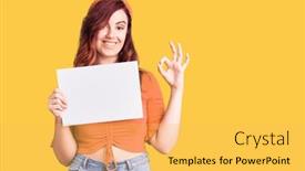  Presentation with cardboard - Colorful presentation design enhanced with young-beautiful-woman-holding-cardboard backdrop and a  colored foreground