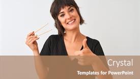  Presentation with chopsticks - Beautiful PPT theme featuring young beautiful woman holding chopsticks standing over isolated white background happy with big smile doing ok sign thumb up with fingers excellent sign backdrop and a coral colored foreground