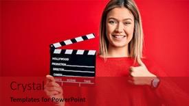  Presentation with clapboard - PPT layouts having young-beautiful-woman-holding-clapboard background and a crimson colored foreground