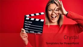  Presentation with clapboard - Amazing presentation having young-beautiful-woman-holding-clapboard backdrop and a crimson colored foreground