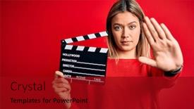  Presentation with clapboard - Slide deck enhanced with young-beautiful-woman-holding-clapboard background and a crimson colored foreground