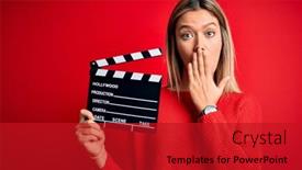  Presentation with clapboard - Slide deck having young-beautiful-woman-holding-clapboard background and a crimson colored foreground