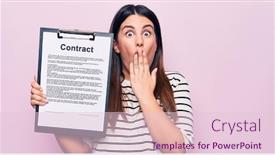 Presentation with contract - Amazing PPT theme having young-beautiful-woman-holding-clipboard backdrop and a lemonade colored foreground