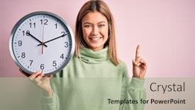  Presentation with clock face - Colorful presentation design enhanced with young-beautiful-woman-holding-clock backdrop and a mint green colored foreground