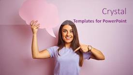  Presentation with bubble - Presentation design consisting of young beautiful woman holding cloud speech bubble over isolated pink background with surprise face pointing finger to himself background and a lemonade colored foreground