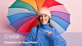  Presentation with umbrella - Slide deck featuring young-beautiful-woman-holding-colorful background and a teal colored foreground
