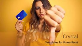 Presentation with credit card - Presentation having young-beautiful-woman-holding-credit background and a gold colored foreground