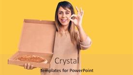  Presentation with pizza delivery - Colorful slide set enhanced with young-beautiful-woman-holding-delivery backdrop and a coral colored foreground