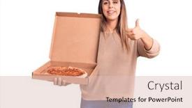  Presentation with pizza delivery - PPT layouts featuring young-beautiful-woman-holding-delivery background and a lemonade colored foreground