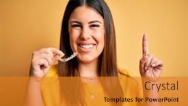  Presentation with orthodontic - PPT theme enhanced with young-beautiful-woman-holding-dental background and a gold colored foreground
