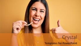  Presentation with orthodontic - Slides having young-beautiful-woman-holding-dental background and a gold colored foreground