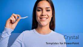  Presentation with correction - Cool new PPT theme with young-beautiful-woman-holding-dental backdrop and a light blue colored foreground