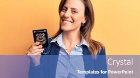  Presentation with detective - Audience pleasing presentation design consisting of young-beautiful-woman-holding-detective backdrop and a teal colored foreground