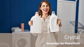  Presentation with cool - PPT theme enhanced with young-beautiful-woman-holding-detergent background and a coral colored foreground