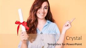  Presentation with diploma - Slides enhanced with young-beautiful-woman-holding-graduate background and a coral colored foreground