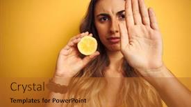  Presentation with defense - Amazing slide set having young beautiful woman holding half lemon over yellow isolated background with open hand doing stop sign with serious and confident expression defense gesture backdrop and a red colored foreground