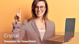  Presentation with laptop - Presentation theme consisting of young-beautiful-woman-holding-laptop background and a coral colored foreground