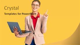  Presentation with laptop - Amazing PPT layouts having young-beautiful-woman-holding-laptop backdrop and a yellow colored foreground