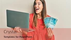  Presentation with crazy - Theme with young-beautiful-woman-holding-laptop background and a red colored foreground