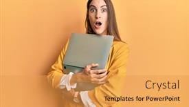 Presentation with laptop - Amazing theme having young-beautiful-woman-holding-laptop backdrop and a yellow colored foreground