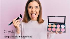  Presentation with blush - Audience pleasing PPT theme consisting of young-beautiful-woman-holding-makeup backdrop and a lemonade colored foreground