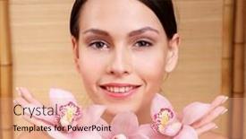  Presentation with orchid - Amazing PPT theme having young beautiful woman holding orchid flower series backdrop and a coral colored foreground