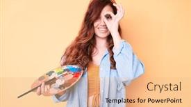  Presentation with eye - PPT theme having young-beautiful-woman-holding-paintbrush background and a lemonade colored foreground