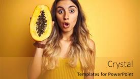  Presentation with papaya - PPT theme with young beautiful woman holding papaya over yellow isolated background scared in shock with a surprise face afraid and excited with fear expression background and a gold colored foreground