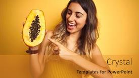  Presentation with papaya - Beautiful slide set featuring young-beautiful-woman-holding-papaya backdrop and a gold colored foreground