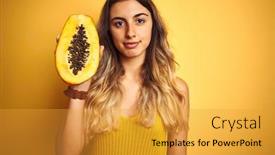  Presentation with papaya - Presentation design featuring young-beautiful-woman-holding-papaya background and a gold colored foreground