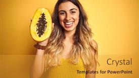  Presentation with papaya - Slides consisting of young-beautiful-woman-holding-papaya background and a gold colored foreground