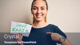  Presentation with save earth - PPT theme consisting of young-beautiful-woman-holding-paper background and a navy blue colored foreground
