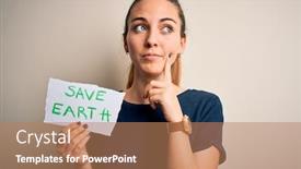  Presentation with save earth - Audience pleasing PPT theme consisting of young-beautiful-woman-holding-paper backdrop and a coral colored foreground
