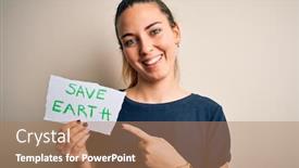 Presentation with hand holding earth - Audience pleasing presentation theme consisting of young-beautiful-woman-holding-paper backdrop and a coral colored foreground