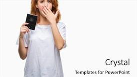  Presentation with passport - Beautiful presentation featuring young beautiful woman holding passport backdrop and a white colored foreground