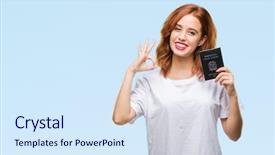  Presentation with passport - Audience pleasing PPT theme consisting of young beautiful woman holding passport backdrop and a sky blue colored foreground
