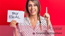  Presentation with pay - Presentation theme consisting of young-beautiful-woman-holding-pay background and a coral colored foreground