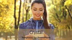  Presentation with listening woman - Presentation theme enhanced with young beautiful woman holding phone background and a gold colored foreground