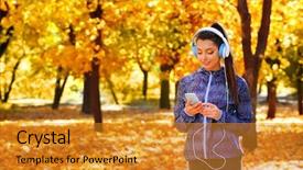  Presentation with beauty beautiful autumn in japanese - Audience pleasing PPT theme consisting of young beautiful woman holding phone backdrop and a gold colored foreground