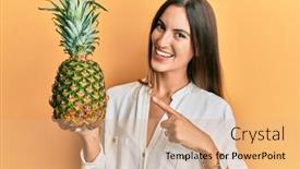  Presentation with pineapple - PPT theme having young-beautiful-woman-holding-pineapple background and a coral colored foreground