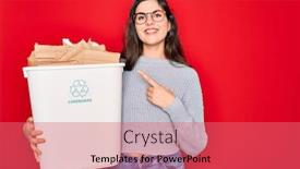  Presentation with eco - PPT theme with young-beautiful-woman-holding-recycle background and a coral colored foreground