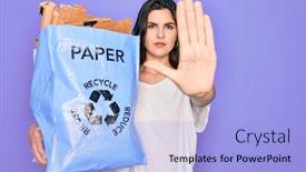  Presentation with eco bag - Presentation design consisting of young-beautiful-woman-holding-recycle background and a light blue colored foreground